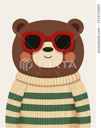 A charming illustration of a bear wearing a striped sweater and sunglasses. A charming illustration of a bear wearing a striped sweater and sunglasses. 141615605