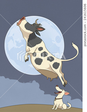 A whimsical illustration of a cow leaping towards a full moon while a small dog watches with delight. 141615606