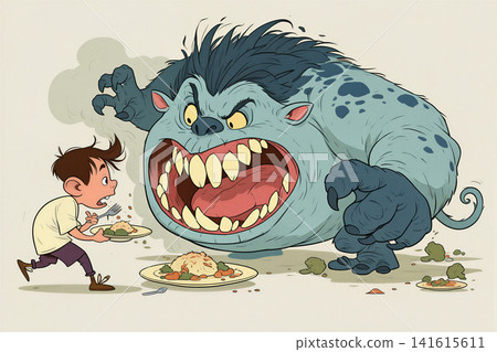 A cartoon depiction of a boy being chased by a large, blue monster who wants his food. A cartoon depiction of a boy being chased by a large, blue monster who wants his food. 141615611