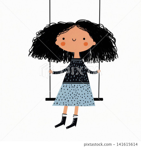 A whimsical illustration of a young girl joyfully swinging. 141615614