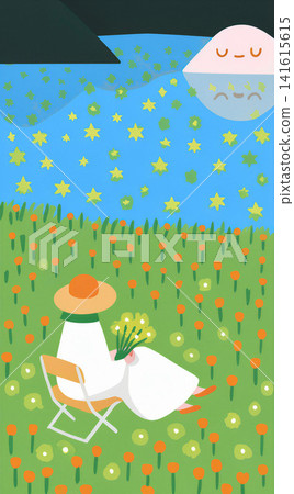 A serene woman enjoys a peaceful evening in a field of wildflowers under a starry sky. A serene woman enjoys a peaceful evening in a field of wildflowers under a starry sky. 141615615