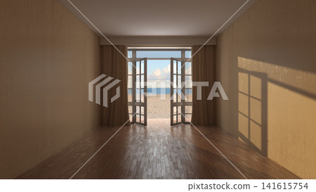 Sunlit Empty Interior with Open French Doors Overlooking a Tropical Beach 141615754