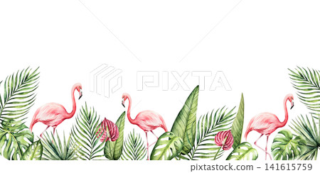 Monstera leaf frame, Pink flamingo bird, Strelitzia and red anthurium flowers template. Watercolor hand drawn palm logo, vibrant green tones. Isolated botanical illustration on transparent background. Monstera leaf frame, Pink flamingo bird, Strelitzia and red anthurium flowers template. Watercolor hand drawn palm logo, vibrant green tones. Isolated botanical illustration on transparent background. 141615759