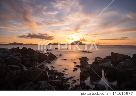 sunset on the beach. Seaside town of Turgutreis and spectacular sunsets. Selective Focus. Long Exposure shoot. tranquility scene. sunset on the beach. Seaside town of Turgutreis and spectacular sunsets. Selective Focus. Long Exposure shoot. tranquility scene. 141615977