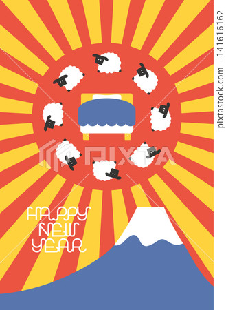 羊年新年賀卡設計:富士山、旭日東昇、綿羊和床。 羊年新年賀卡設計:富士山、旭日東昇、綿羊和床。 141616162
