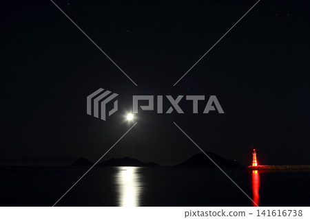Seascape at sunshine. Lighthouse and sailings on the coast. Seaside town of Turgutreis and spectacular sunshine. Long Exposure shoot. tranquility scene. With moon and venus. Seascape at sunshine. Lighthouse and sailings on the coast. Seaside town of Turgutreis and spectacular sunshine. Long Exposure shoot. tranquility scene. With moon and venus. 141616738