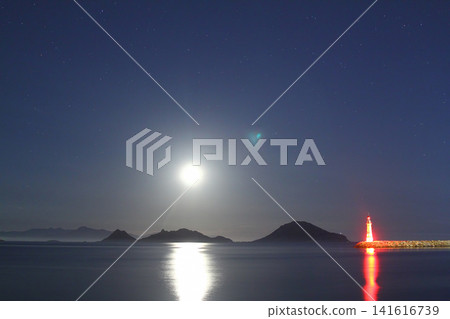 Seascape at sunshine. Lighthouse and sailings on the coast. Seaside town of Turgutreis and spectacular sunshine. Long Exposure shoot. tranquility scene. With moon and venus. Seascape at sunshine. Lighthouse and sailings on the coast. Seaside town of Turgutreis and spectacular sunshine. Long Exposure shoot. tranquility scene. With moon and venus. 141616739