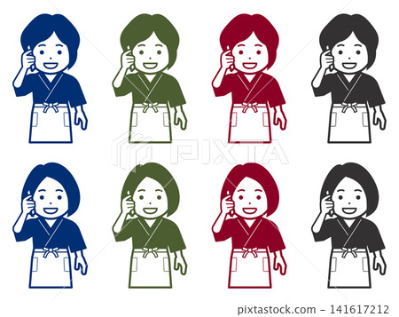 [Solid Color] [Different Hairstyle] Icon of a woman in a samue (traditional Japanese work clothing) and apron making a phone call on her smartphone. 141617212