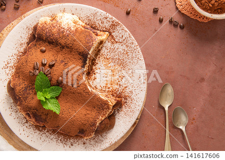 Top view of traditional homemade tiramisu cake Top view of traditional homemade tiramisu cake 141617606