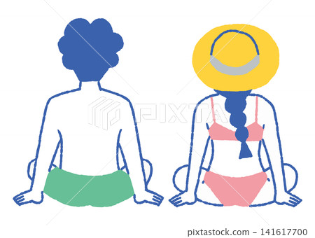 一對男女坐在沙灘上的背影(彩色) 一對男女坐在沙灘上的背影(彩色) 141617700