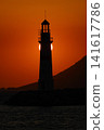 Seascape at sunshine. Lighthouse and sailings on the coast. Seaside town of Turgutreis and spectacular sunshine 141617786