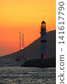 Seascape at sunshine. Lighthouse and sailings on the coast. Seaside town of Turgutreis and spectacular sunshine 141617790