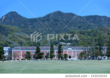 Japan Maritime Self-Defense Force 1st Technical School in Etajima, Hiroshima Prefecture: The elegant red brick officer candidate school building with Mount Furutaka in the background. Japan Maritime Self-Defense Force 1st Technical School in Etajima, Hiroshima Prefecture: The elegant red brick officer candidate school building with Mount Furutaka in the background. 141618342