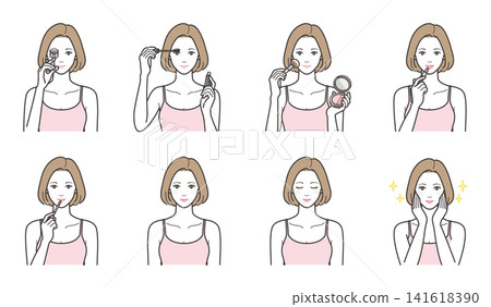An 8-piece illustration set showing a woman's point makeup and a completed full makeup look (eyelash curler, mascara, blush, lipstick). An 8-piece illustration set showing a woman's point makeup and a completed full makeup look (eyelash curler, mascara, blush, lipstick). 141618390