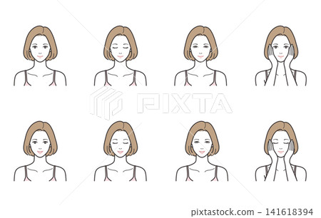 A set of 8 illustrations depicting a woman's facial expressions and variations including closed eyes, smiling, and hand pressing (for moisturizing and relaxation). A set of 8 illustrations depicting a woman's facial expressions and variations including closed eyes, smiling, and hand pressing (for moisturizing and relaxation). 141618394