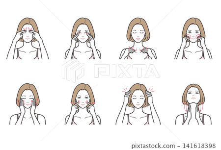 A set of 8 illustrations showing facial and head massage techniques for different parts of a woman's body (eyes, collarbone, scalp, neck, arrows). A set of 8 illustrations showing facial and head massage techniques for different parts of a woman's body (eyes, collarbone, scalp, neck, arrows). 141618398