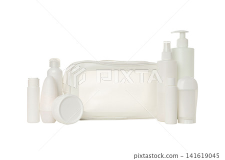 Cosmetic containers and a toilet bag ready for travel, isolated, PNG Cosmetic containers and a toilet bag ready for travel, isolated, PNG 141619045