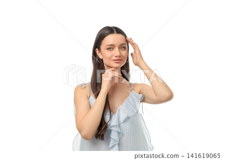 Woman touches her face with a gentle smile, isolated on white, PNG Woman touches her face with a gentle smile, isolated on white, PNG 141619065