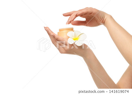 Hands reaching for a flower-adorned jar, isolated on white, PNG Hands reaching for a flower-adorned jar, isolated on white, PNG 141619074