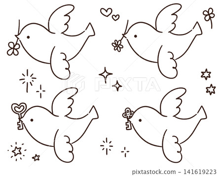 A set of hand-drawn illustrations of birds carrying lucky motifs. A set of hand-drawn illustrations of birds carrying lucky motifs. 141619223