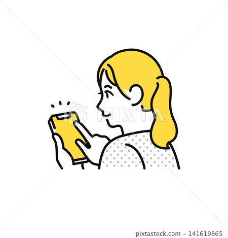 A woman's back as she smiles and operates her smartphone. A woman's back as she smiles and operates her smartphone. 141619865