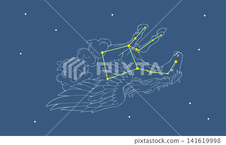 一幅描繪飛馬座漂浮在星空中的線條畫插圖(帶有彩色星座線條和白色飛馬座輪廓)。 一幅描繪飛馬座漂浮在星空中的線條畫插圖(帶有彩色星座線條和白色飛馬座輪廓)。 141619998