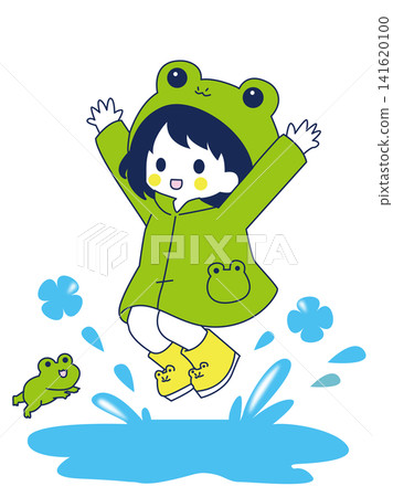 A girl and a frog hopping around in a puddle. A girl and a frog hopping around in a puddle. 141620100