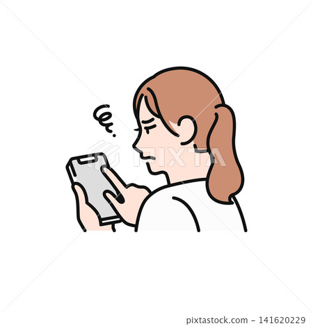 A simple vector illustration of a woman's back as she gets frustrated with her smartphone. A simple vector illustration of a woman's back as she gets frustrated with her smartphone. 141620229