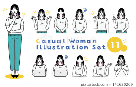 A collection banner featuring 11 variations of casual female expressions and poses. A collection banner featuring 11 variations of casual female expressions and poses. 141620269