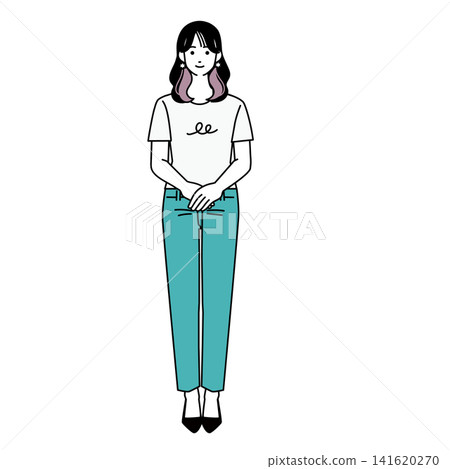 A full-body illustration of a casually dressed woman with a calm expression, standing with her hands clasped in front of her. A full-body illustration of a casually dressed woman with a calm expression, standing with her hands clasped in front of her. 141620270