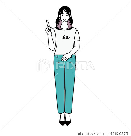 A full-body illustration of a casually dressed woman explaining something with her index finger raised. A full-body illustration of a casually dressed woman explaining something with her index finger raised. 141620275