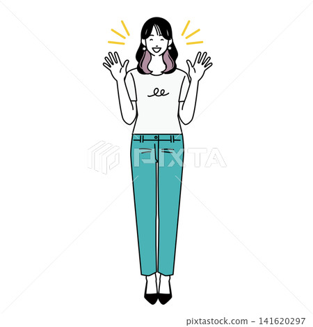 一幅全身插圖,描繪了一位穿著休閒裝的女子高興地舉起雙手。 一幅全身插圖,描繪了一位穿著休閒裝的女子高興地舉起雙手。 141620297