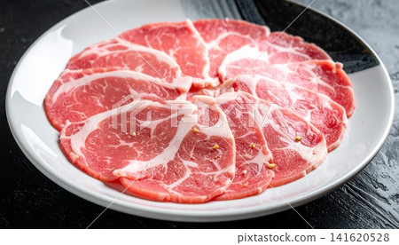 Pork slices on the plate for the shabu on top view Pork slices on the plate for the shabu on top view 141620528