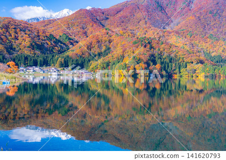 [Autumn foliage image] Lake Aoki in Nagano Prefecture, where autumn leaves have turned red as the season deepens. 141620793