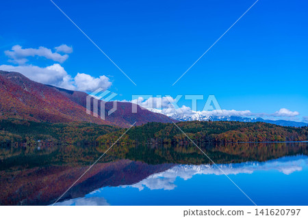 [Autumn foliage image] Lake Aoki in Nagano Prefecture, where autumn leaves have turned red as the season deepens. 141620797