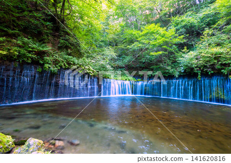 A waterfall surrounded by fresh greenery A waterfall surrounded by fresh greenery 141620816