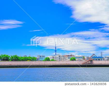 A view of the Tokyo Skytree from the Nakagawa River flowing through Okudo under a clear blue sky. A view of the Tokyo Skytree from the Nakagawa River flowing through Okudo under a clear blue sky. 141620836