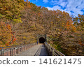 A view of the pedestrian walkway on Meganebashi Bridge in Annaka City, Gunma Prefecture, amidst the autumn foliage, and towards Usui No. 5 Tunnel (Tunnel No. 5). 141621475
