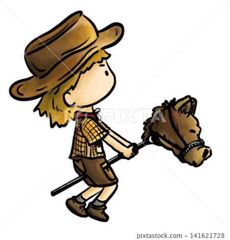 Cute cowboy playing hobby horse isolated cartoon illustration 141621728