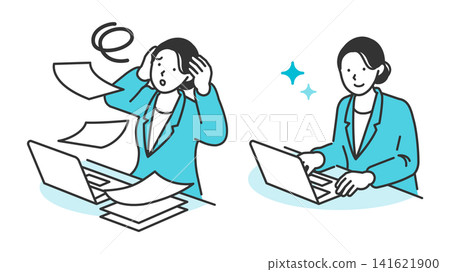 插圖描繪了一位女企業家如何從被大量文書工作壓得喘不過氣,到透過提高工作效率和實現無紙化辦公,從而擁有更舒適的工作環境。 插圖描繪了一位女企業家如何從被大量文書工作壓得喘不過氣,到透過提高工作效率和實現無紙化辦公,從而擁有更舒適的工作環境。 141621900