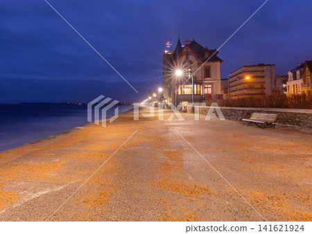 Seaside Promenade at Dawn with Historic Villa in Saint Malo Brittany France Seaside Promenade at Dawn with Historic Villa in Saint Malo Brittany France 141621924