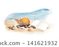 Summer camp background with the Cross of Jesus Christ and a Bible on a seaside beach, church summer Bible school, summer retreat, and concept 141621932
