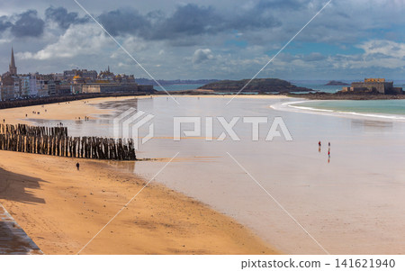Panoramic View of Low Tide Beach and Coastal Fortifications in Saint Malo France Panoramic View of Low Tide Beach and Coastal Fortifications in Saint Malo France 141621940