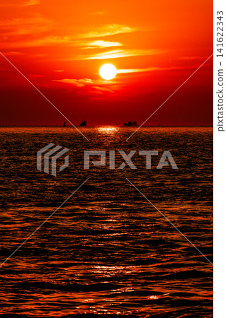 在海邊欣賞火紅的日落。 在海邊欣賞火紅的日落。 141622343