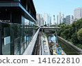 A view of the Kanda River, train tracks, and skyscrapers from a glass-walled building in Ochanomizu, Tokyo. 141622810