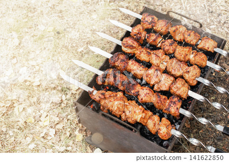Appetizing pork shashlik skewers grilling over hot charcoal on a traditional metal mangal barbecue during a picnic. Appetizing pork shashlik skewers grilling over hot charcoal on a traditional metal mangal barbecue during a picnic. 141622850