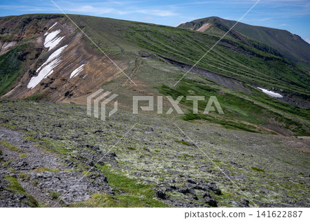 Summer panoramic view of Mt. Mamiya and Mt. Asahidake in Daisetsuzan National Park, Hokkaido. Summer panoramic view of Mt. Mamiya and Mt. Asahidake in Daisetsuzan National Park, Hokkaido. 141622887
