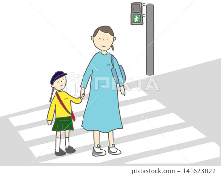 A mother and child safely crossing a pedestrian crossing. A mother and child safely crossing a pedestrian crossing. 141623022