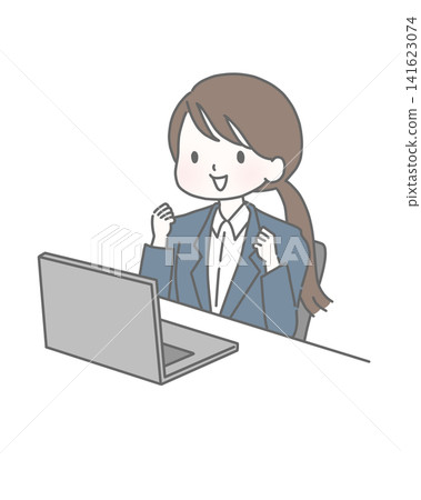 A woman in a suit makes a triumphant gesture in front of her computer. A woman in a suit makes a triumphant gesture in front of her computer. 141623074