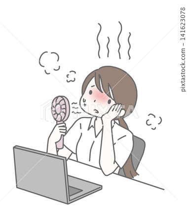 一位身穿短袖襯衫的女子拿著迷你風扇,感覺很熱。 一位身穿短袖襯衫的女子拿著迷你風扇,感覺很熱。 141623078